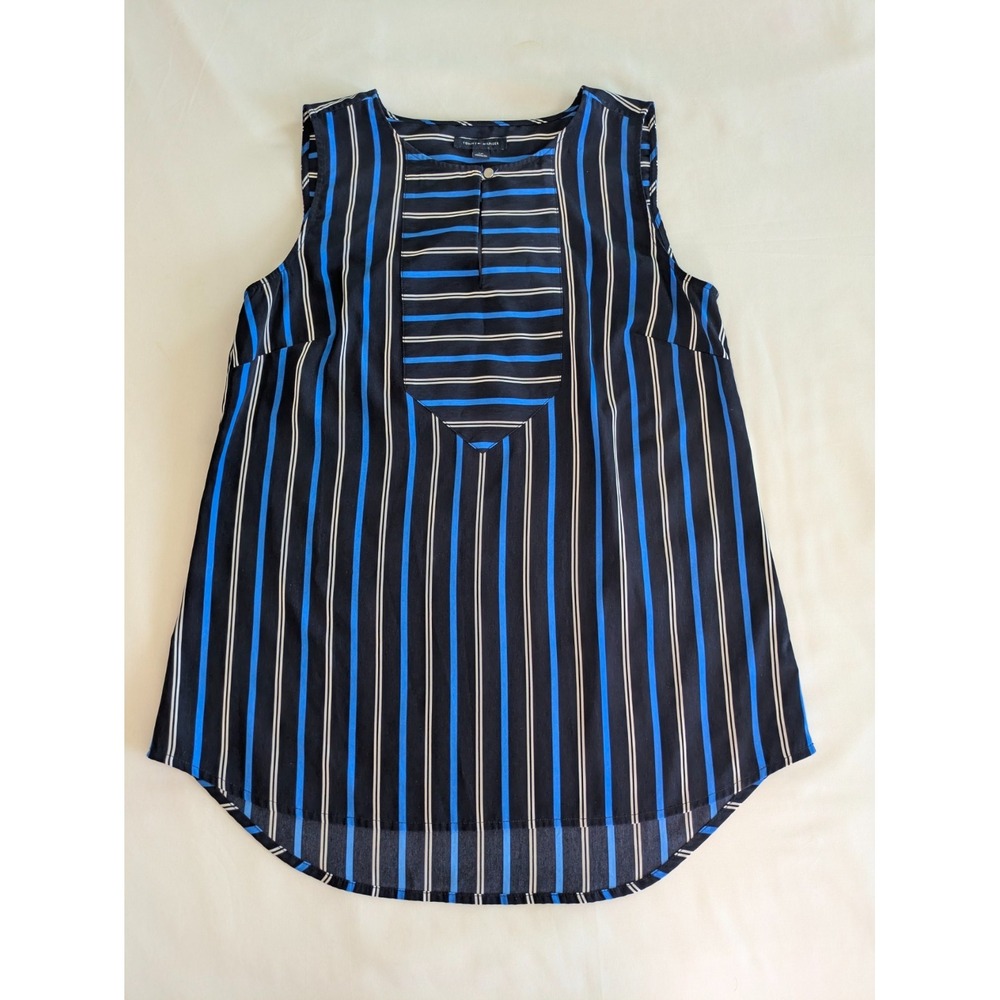 Tommy Hilfiger Sleeveless Blouse Women Small Blue Striped Keyhole High-Low Top